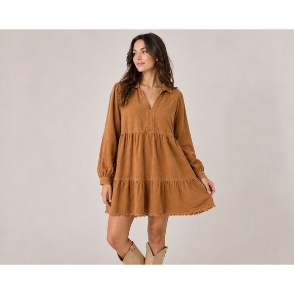Umgee Dresses & Skirts - Umgee USA Corduroy Dress Womens L Light Brown Camel Boho Western New NWT